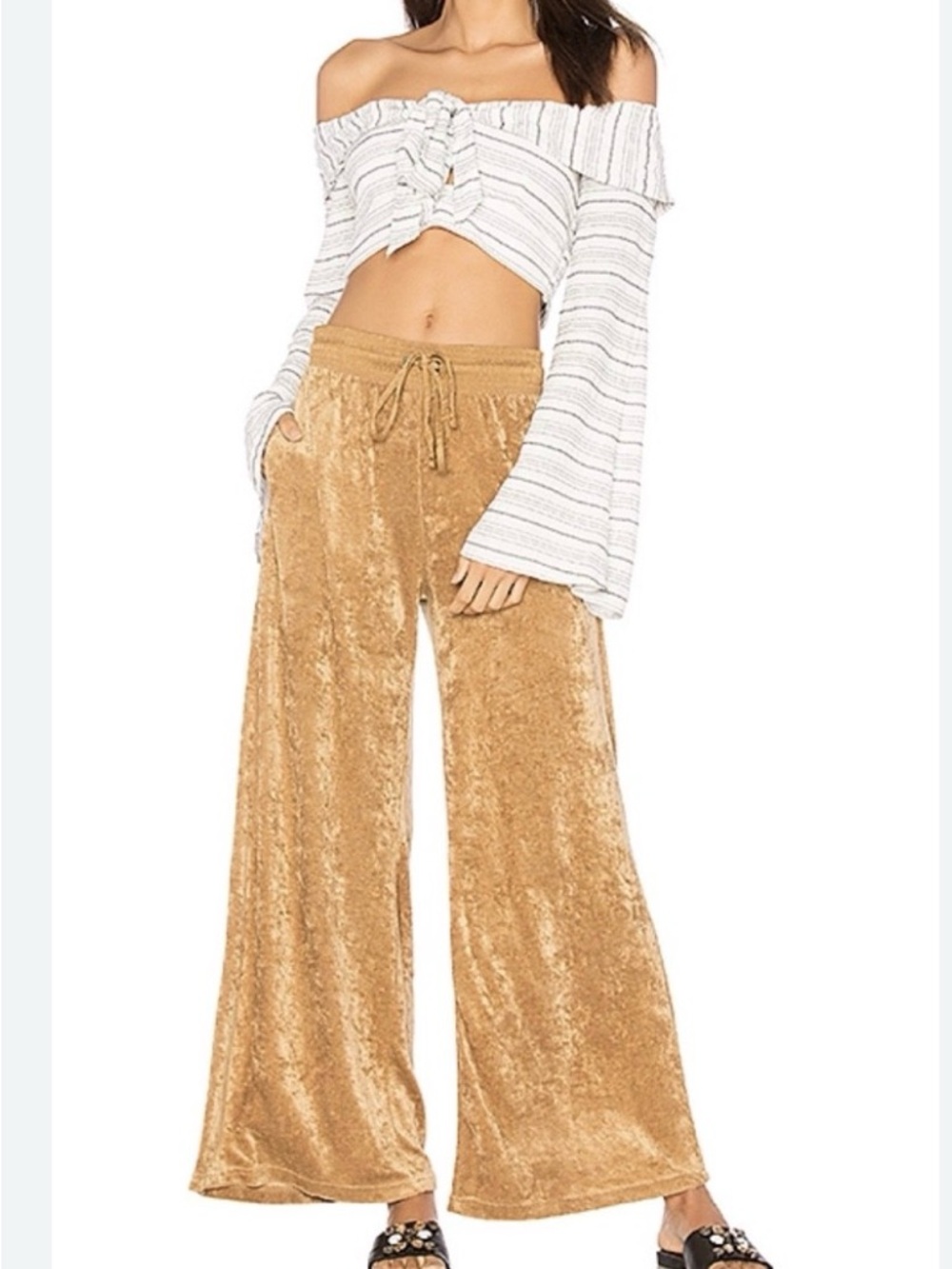 Free People Velour Wide Leg‎ Pants S Gold Elastic Waist Pockets Festival Neutral